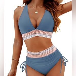 Blooming Jelly Bikini Set  MEDIUM High Waisted Tummy Control Swimsuit Blue NEW